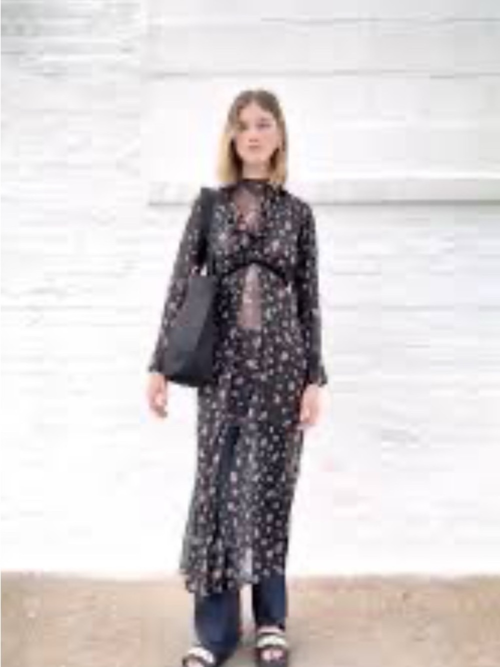 Anna Sui Black Floral Sheer Long-Sleeve Maxi Dress 100% silk